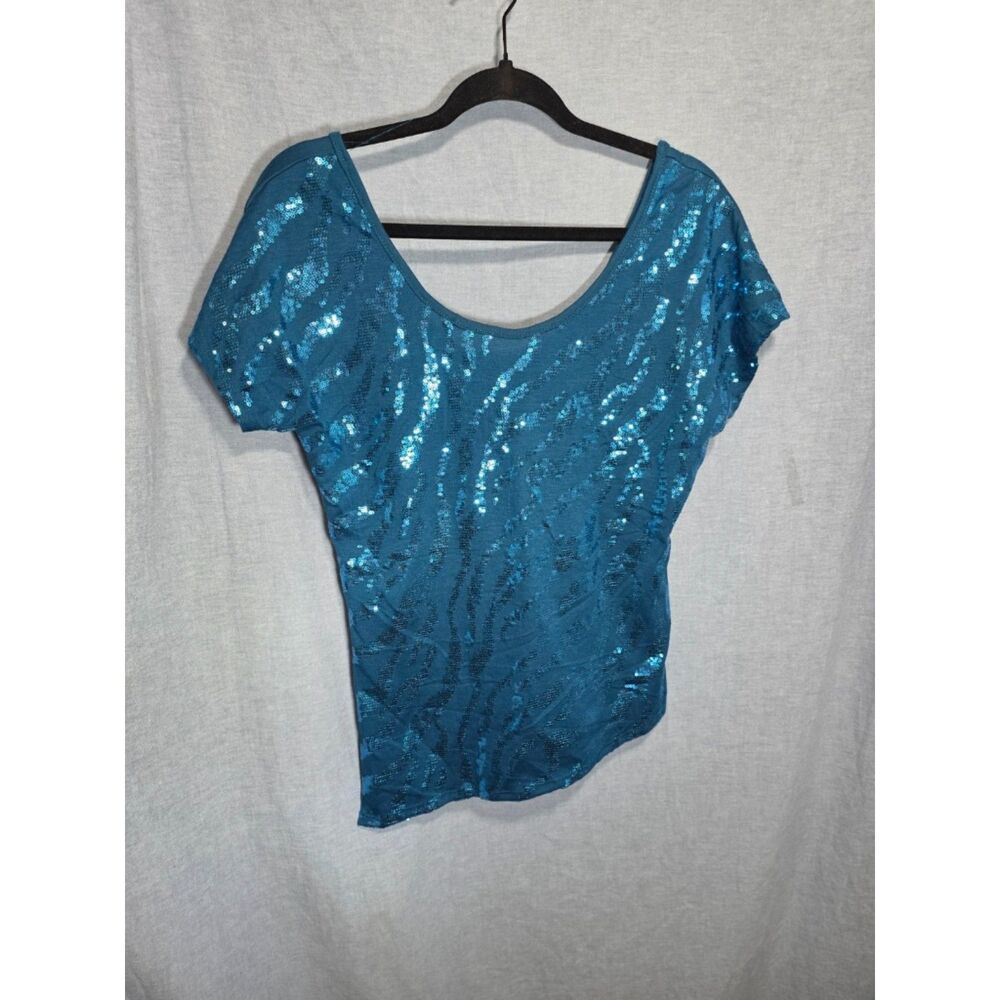 Panhandle Slim Womens Teal Sequin Animal Print Short Sleeve Top NWT Small
